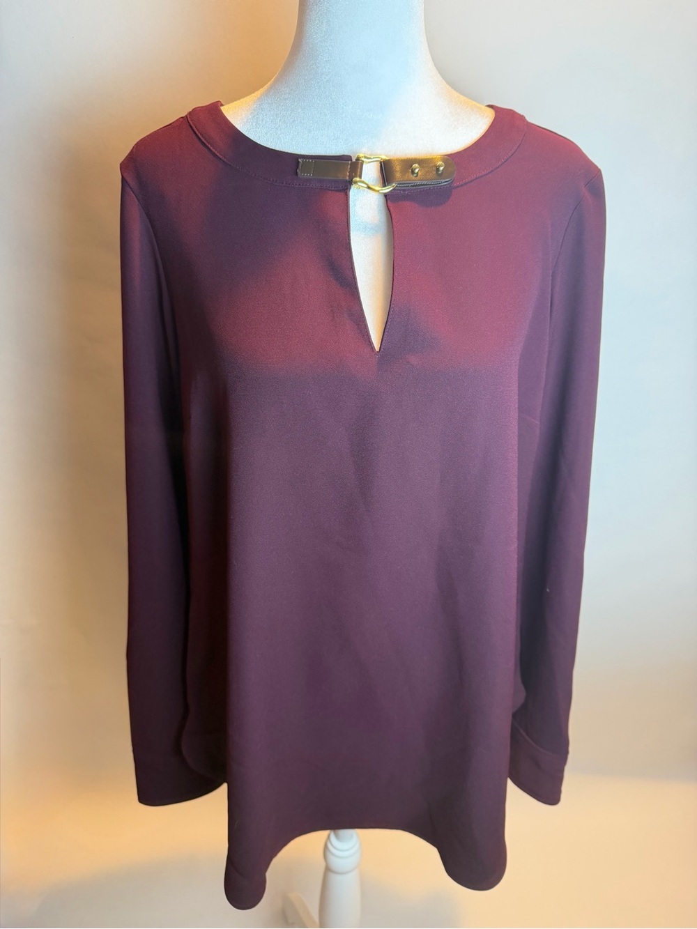 Lauren Ralph Lauren Long-Sleeve Keyhole Top in Burgundy with Faux Leather Buckle